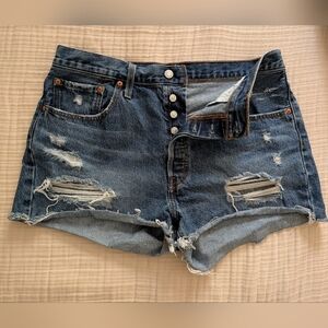 High-Rise Distressed Denim Shorts - Blue